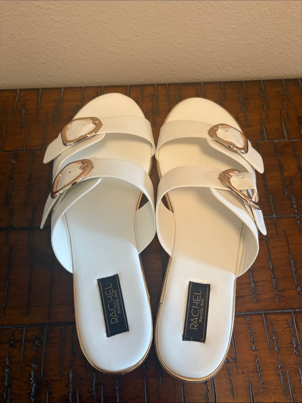 RACHEL Rachel Roy White Double-Buckle Slide Sandals with Gold Buckles - Picture 4 of 7